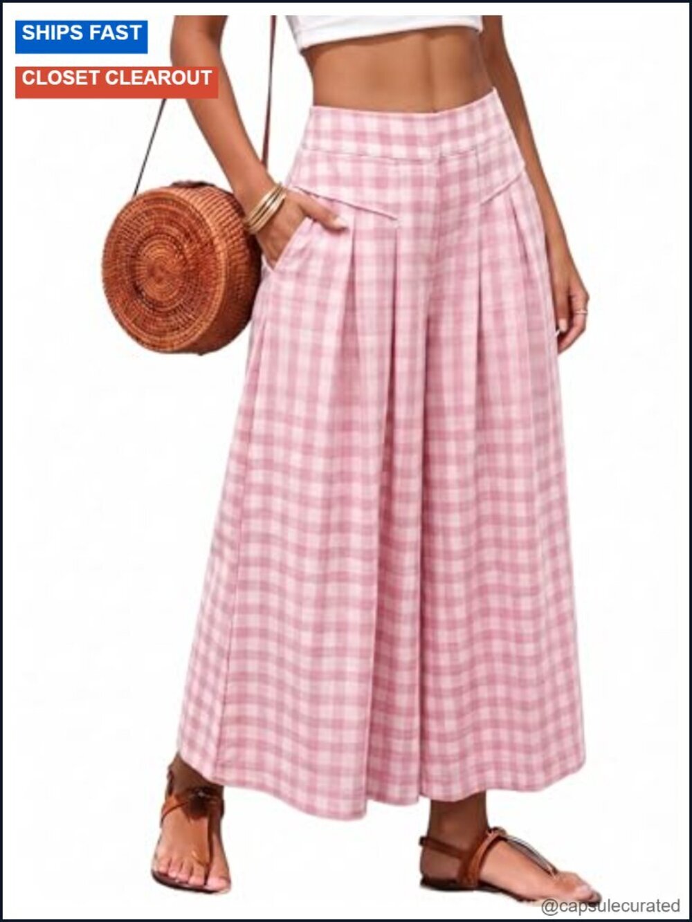 Gingham Plaid Wide Leg Capri Pants Elastic Waist Palazzo Trousers with Pockets
